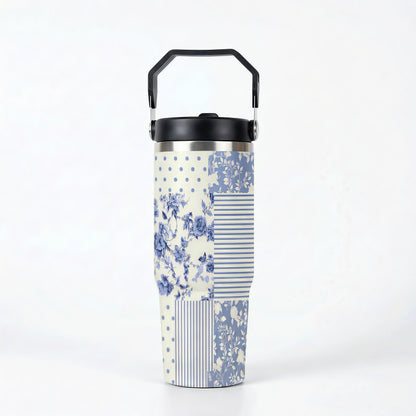 30oz Blue Floral Aesthetic Insulated Tumbler Flask - Wide Mouth Stainless Steel Coffee Mug Water Bottle, Vintage Pattern Travel Cup with Reusable Straw, Eco-Friendly, Cup Holder Friendly Base, Stylish Gift for Moms, Flasks, Water Bottles