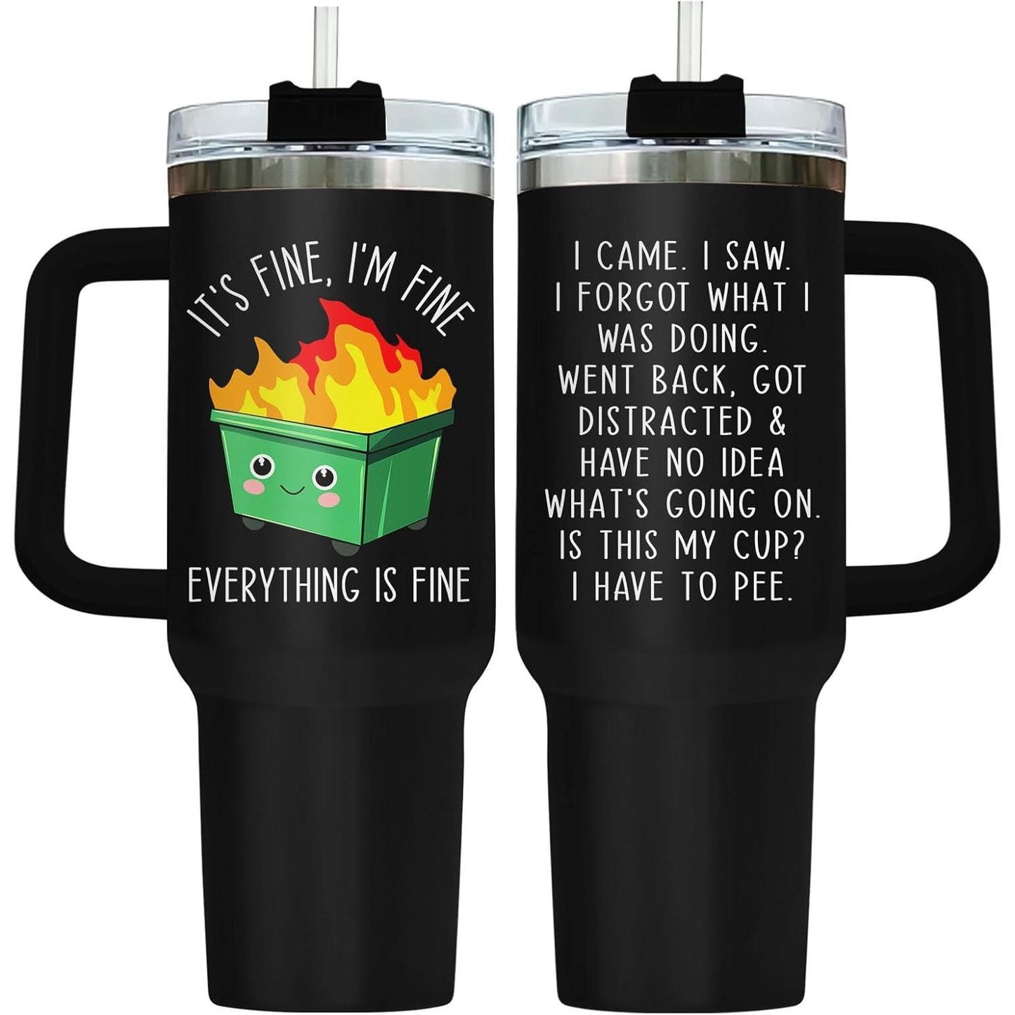 40oz Portable Stainless Steel Insulated Dumpster Fire Tumbler with Straw - Reusable Coffee Flask, "This Little Light Of My Cup Everything Is Fine" Funny Birthday Gift for Him/Her, Flasks