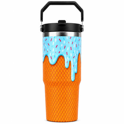 30oz Stainless Steel Insulated Ice Cream Cone Tumbler with Handle and Lid, Colorful Dripping Frosting-Sprinkle Print Flasks, Cute Summer Kitchenware Drinkware Gift for Travel Coffee Use, Straw