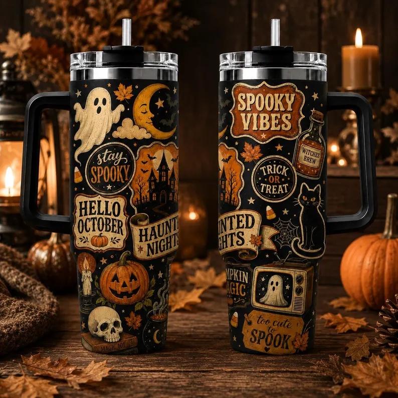 40oz Vintage Halloween Stainless Steel Insulated Flask - Industrial Flasks with Insulation, Leak-Proof, Handle, Straw, Lid, Haunted Print, Aesthetic Coffee Travel Cup, Spooky Kitchenware Gift