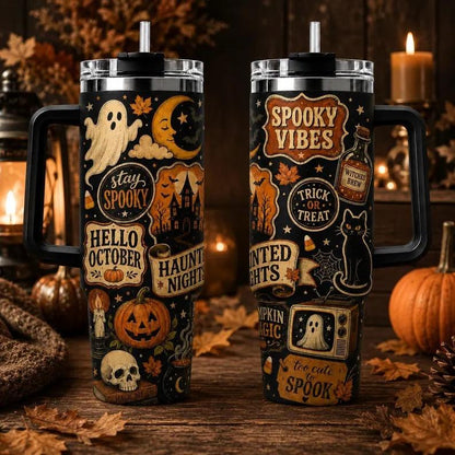 40oz Vintage Halloween Stainless Steel Insulated Flask - Industrial Flasks with Insulation, Leak-Proof, Handle, Straw, Lid, Haunted Print, Aesthetic Coffee Travel Cup, Spooky Kitchenware Gift