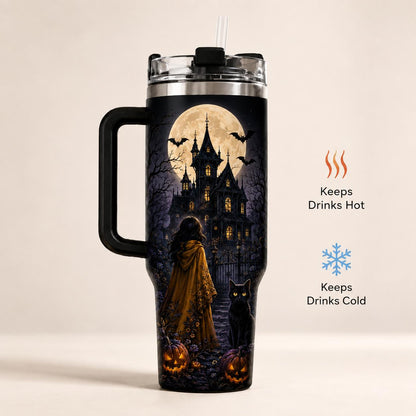 Haunted House Halloween 40oz Stainless Steel Insulated Tumbler with Handle and Straw, Black Cat Pumpkin Moon Bat Printed Travel Cup, Spooky Gift for Women