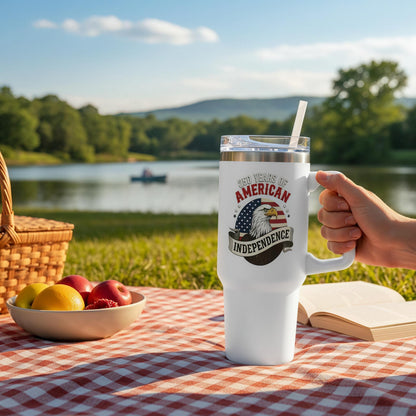 250 Years of American Independence 40oz Tumbler with Handle, Insulated Stainless Steel Water Cup for 4th of July, Cup Holder Friendly Travel Cup for Iced Drinks