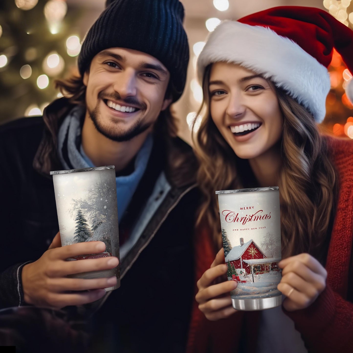 Festive Christmas ? LeKit Snowy Cottage Travel Mug ? 20 oz (590 ml) Double-Walled Stainless Steel ? Insulated Cup with Lid ? Perfect Holiday Gifts