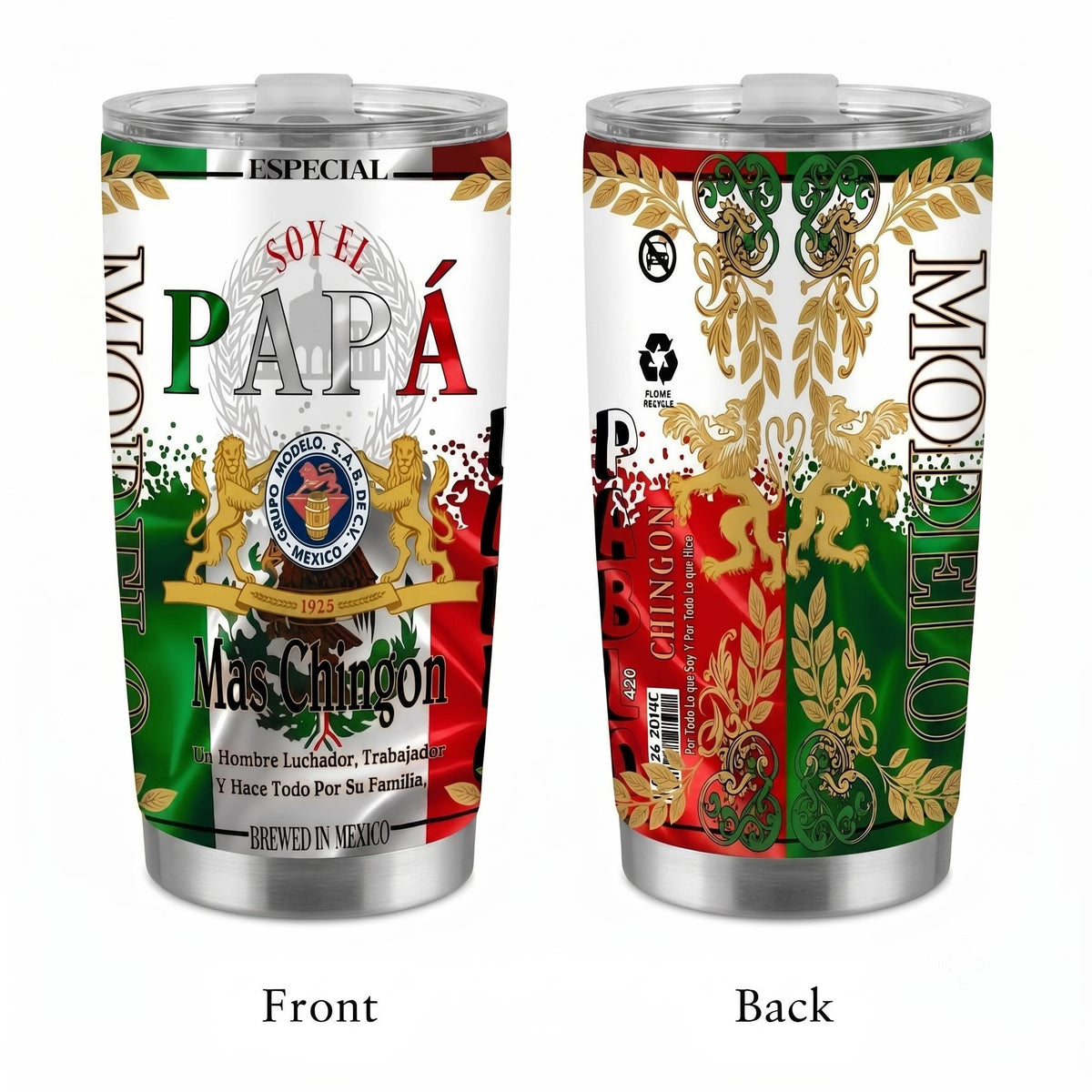 Mexican Heritage Flag Beer Inspired Insulated Stainless Steel Tumbler - 20oz/30oz/40oz