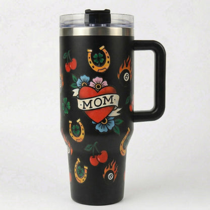 Mom Appreciation Heart Tattoo Keeps 40oz Insulated Tumbler with Side Handle
