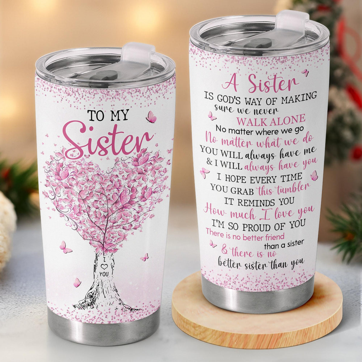 Sister Forever Friend Pink Butterflies 20oz Insulated Stainless Steel Tumbler