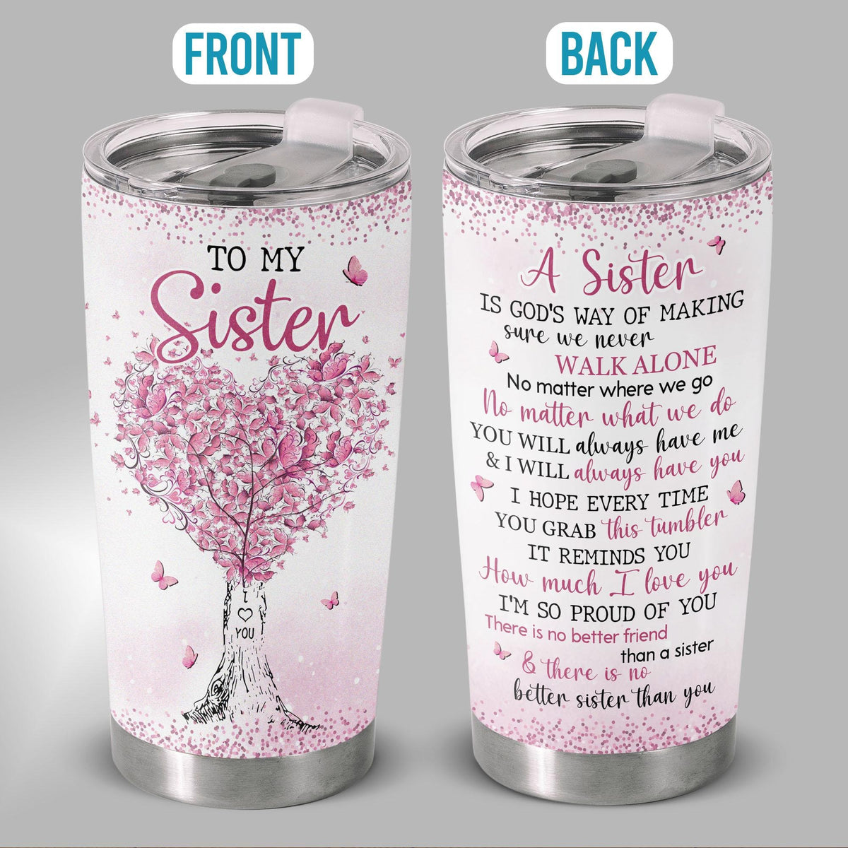 Sister Forever Friend Pink Butterflies 20oz Insulated Stainless Steel Tumbler