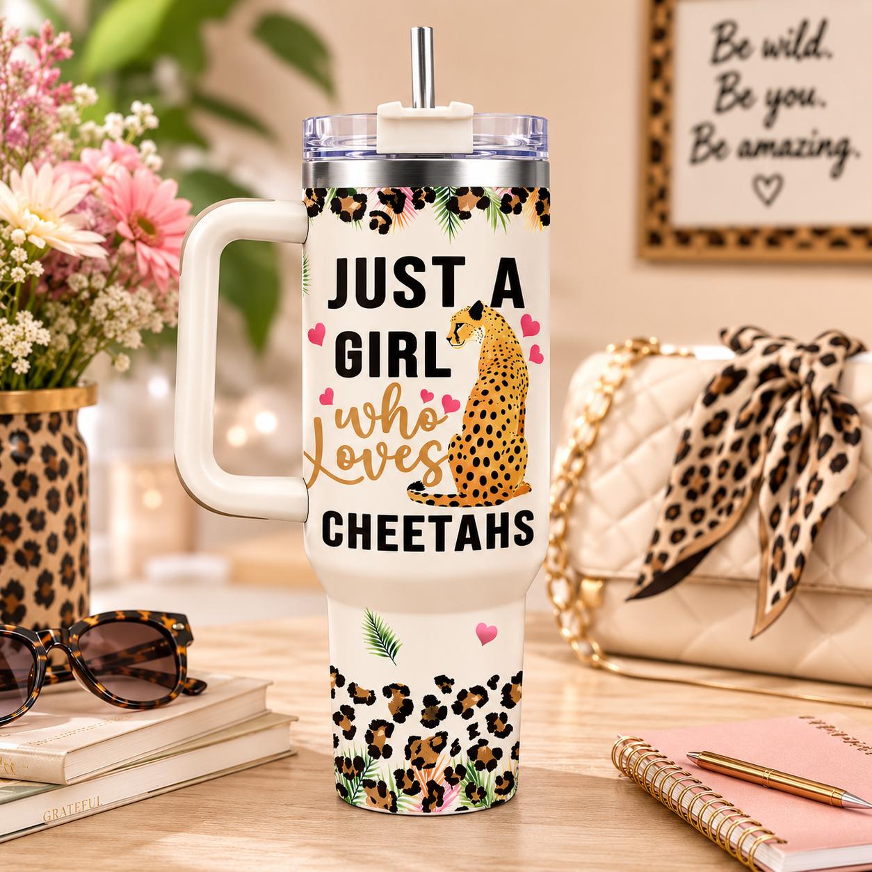 Cheetah Lover 40oz Stainless Steel Insulated Tumbler with Handle and Straw, Leopard Print Heart Tropical Leaf Printed Travel Cup, Gift for Women
