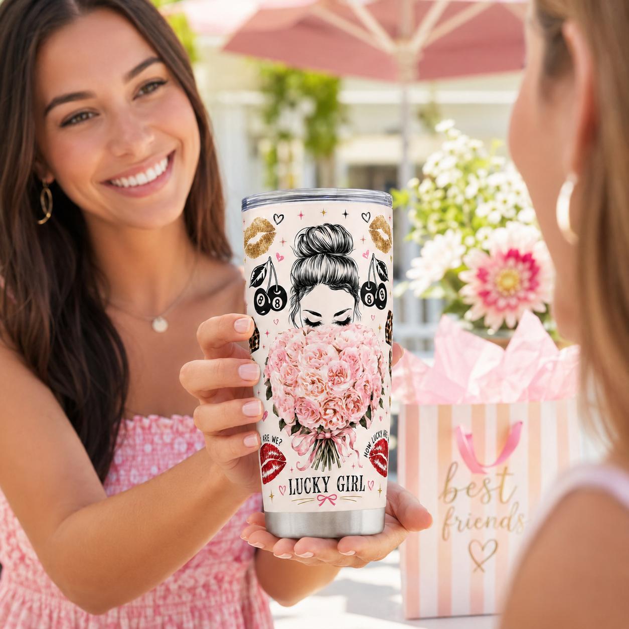 Stylish Portable Stainless Steel Insulated Tumbler Flasks (20oz, 40oz) with Lid, Pink Floral Leopard Lips & Lucky Charm Print, Travel Coffee Mug Gift for Women
