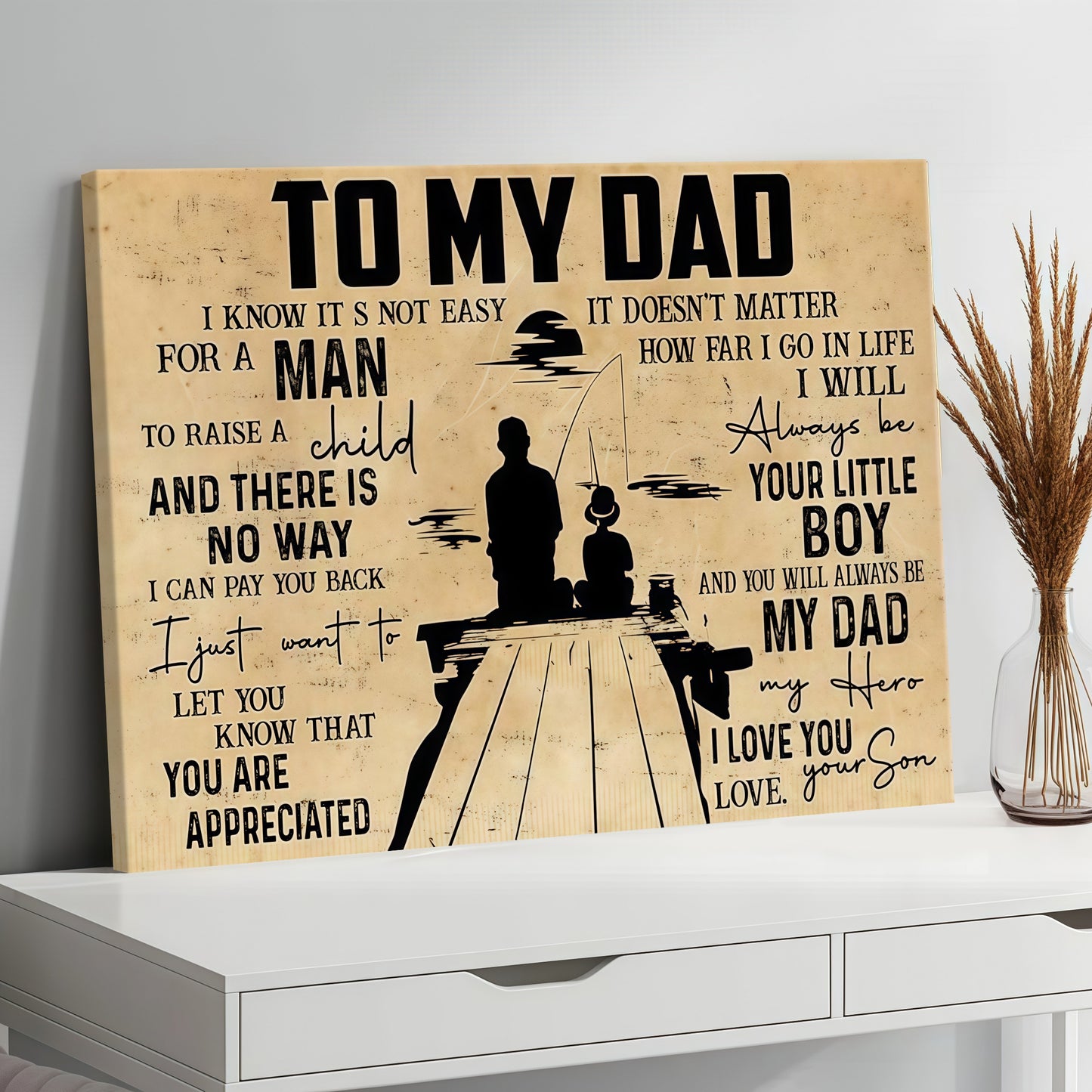 To My Dad From Son - Sentimental Canvas Wall Art with Touching Poem - Vintage Style Gift for Father's Day & Birthday (Ready to Hang)