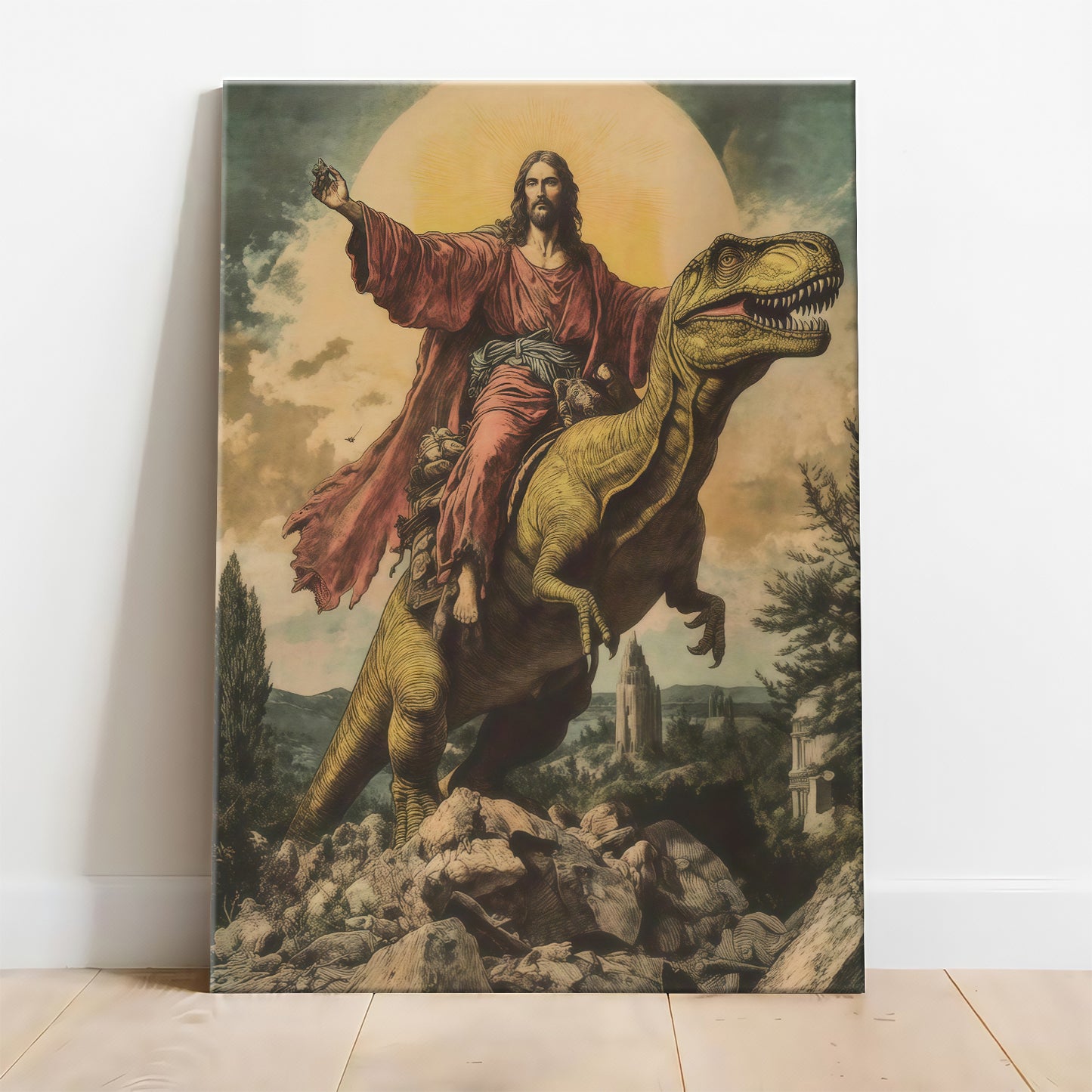 Epic Jesus Riding T-Rex & Shark Canvas Wall Art - Funny Parody Oil Painting Style Print (Ready to Hang)