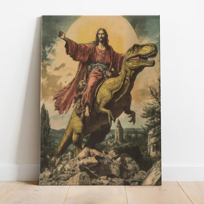 Epic Jesus Riding T-Rex & Shark Canvas Wall Art - Funny Parody Oil Painting Style Print (Ready to Hang)