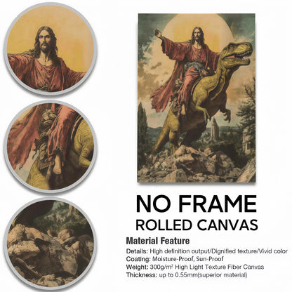 Epic Jesus Riding T-Rex & Shark Canvas Wall Art - Funny Parody Oil Painting Style Print (Ready to Hang)
