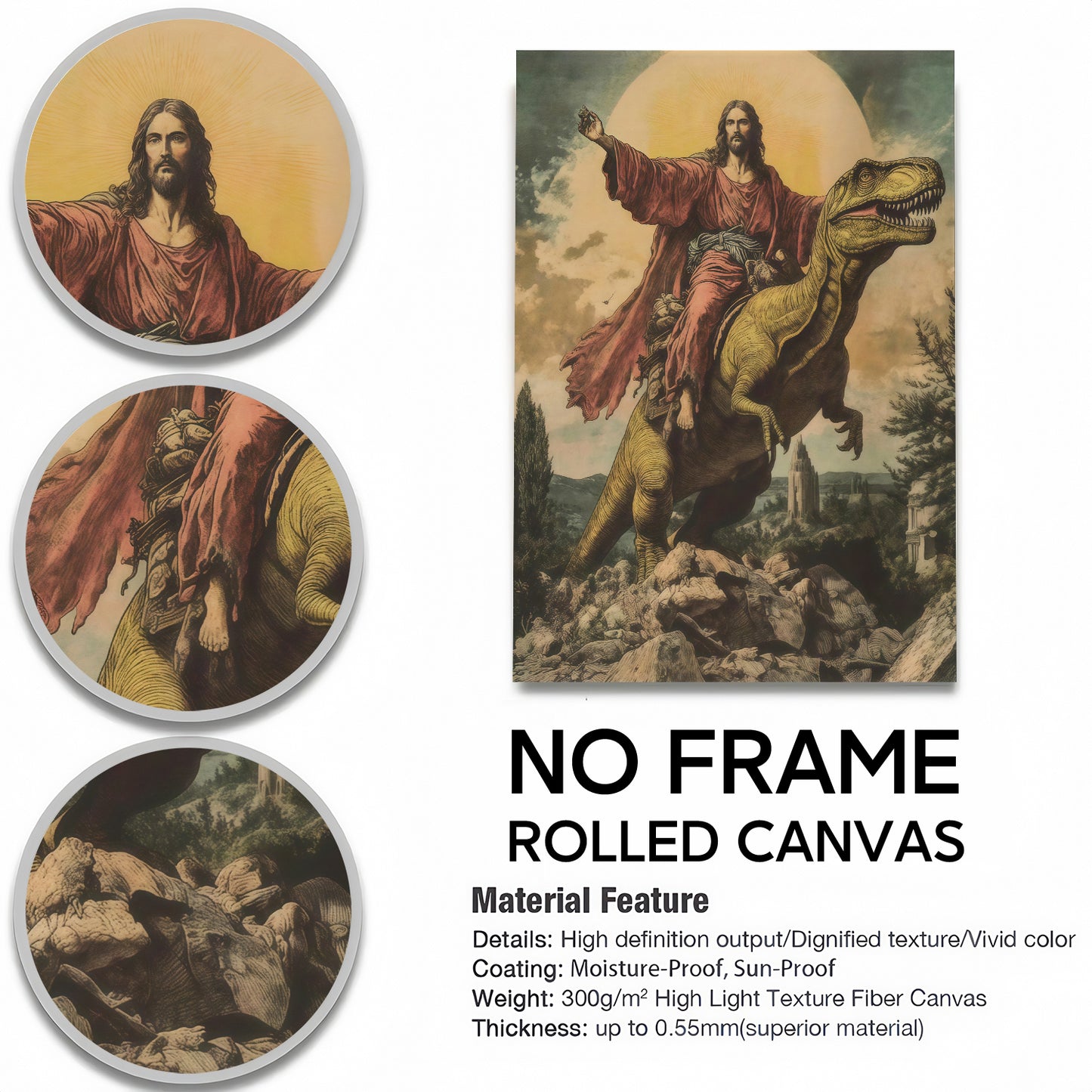 Epic Jesus Riding T-Rex & Shark Canvas Wall Art - Funny Parody Oil Painting Style Print (Ready to Hang)