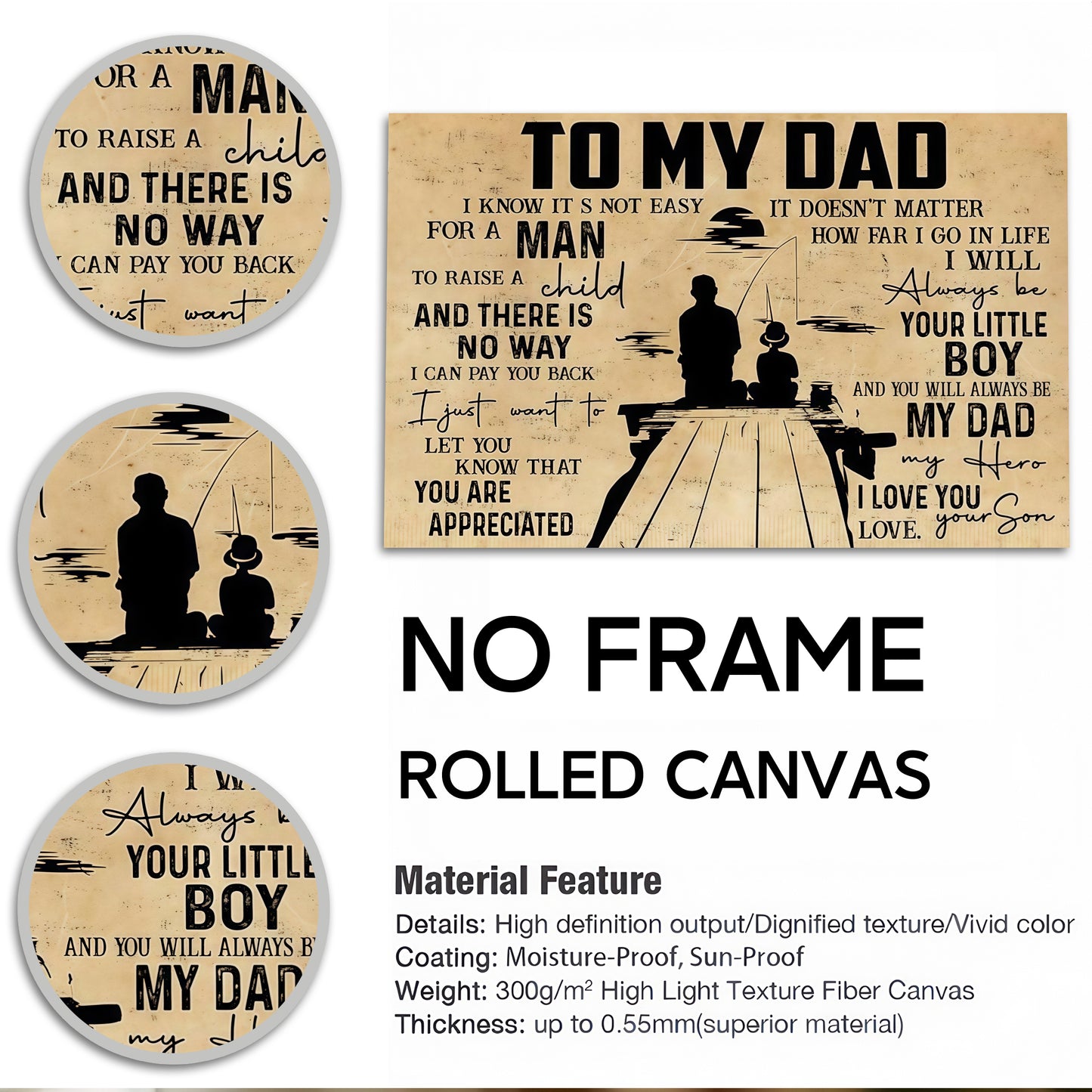 To My Dad From Son - Sentimental Canvas Wall Art with Touching Poem - Vintage Style Gift for Father's Day & Birthday (Ready to Hang)