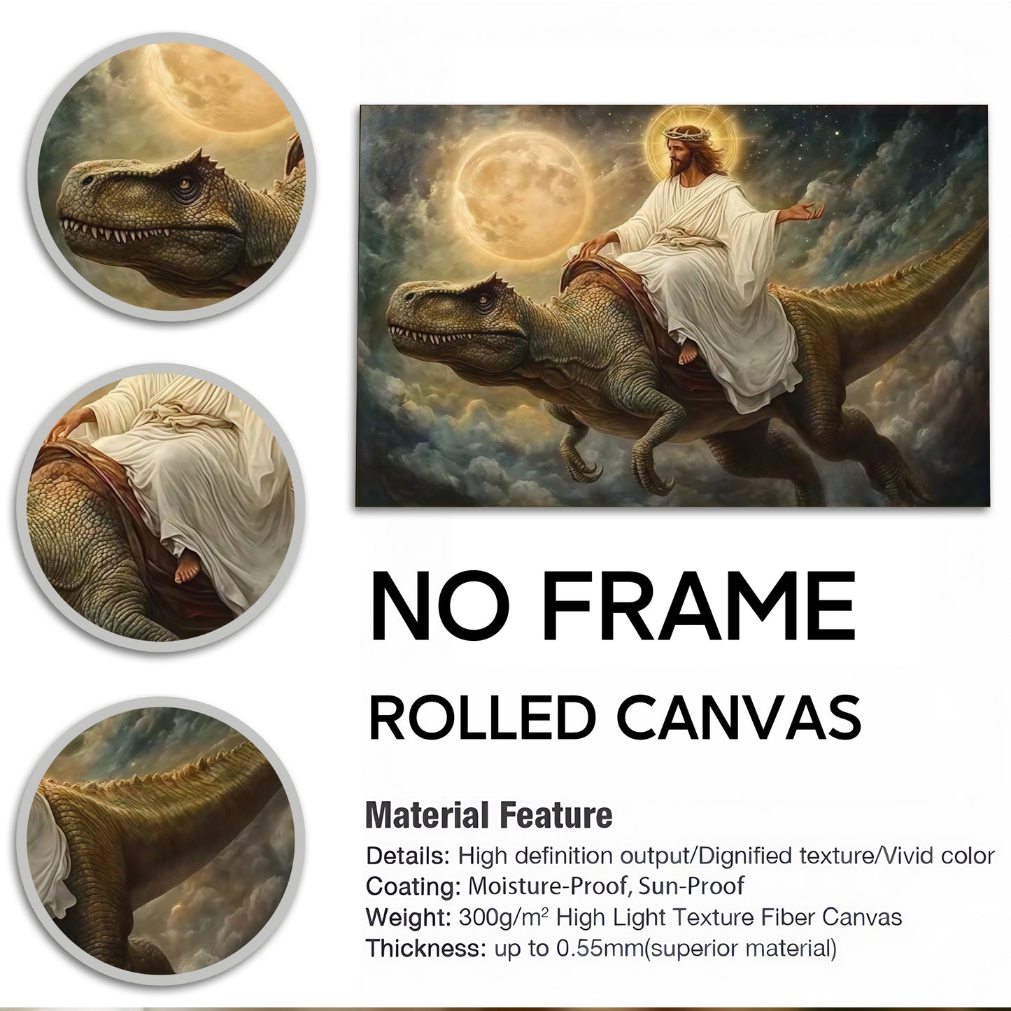 Epic Jesus Riding T-Rex & Shark Canvas Wall Art - Funny Parody Oil Painting Style Print (Ready to Hang)