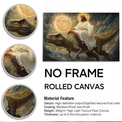 Epic Jesus Riding T-Rex & Shark Canvas Wall Art - Funny Parody Oil Painting Style Print (Ready to Hang)