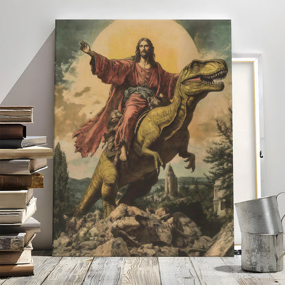 Epic Jesus Riding T-Rex & Shark Canvas Wall Art - Funny Parody Oil Painting Style Print (Ready to Hang)
