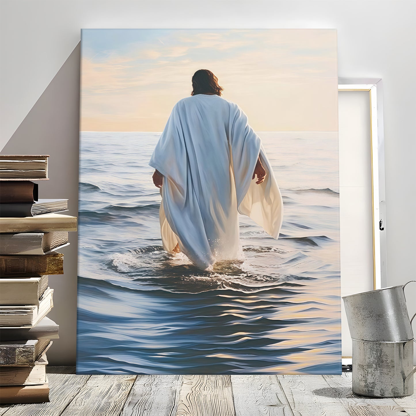 Modern Abstract Ocean Christian Wall Art - Blue Sea & Faith Canvas Print - Contemporary Bible Inspired Decor