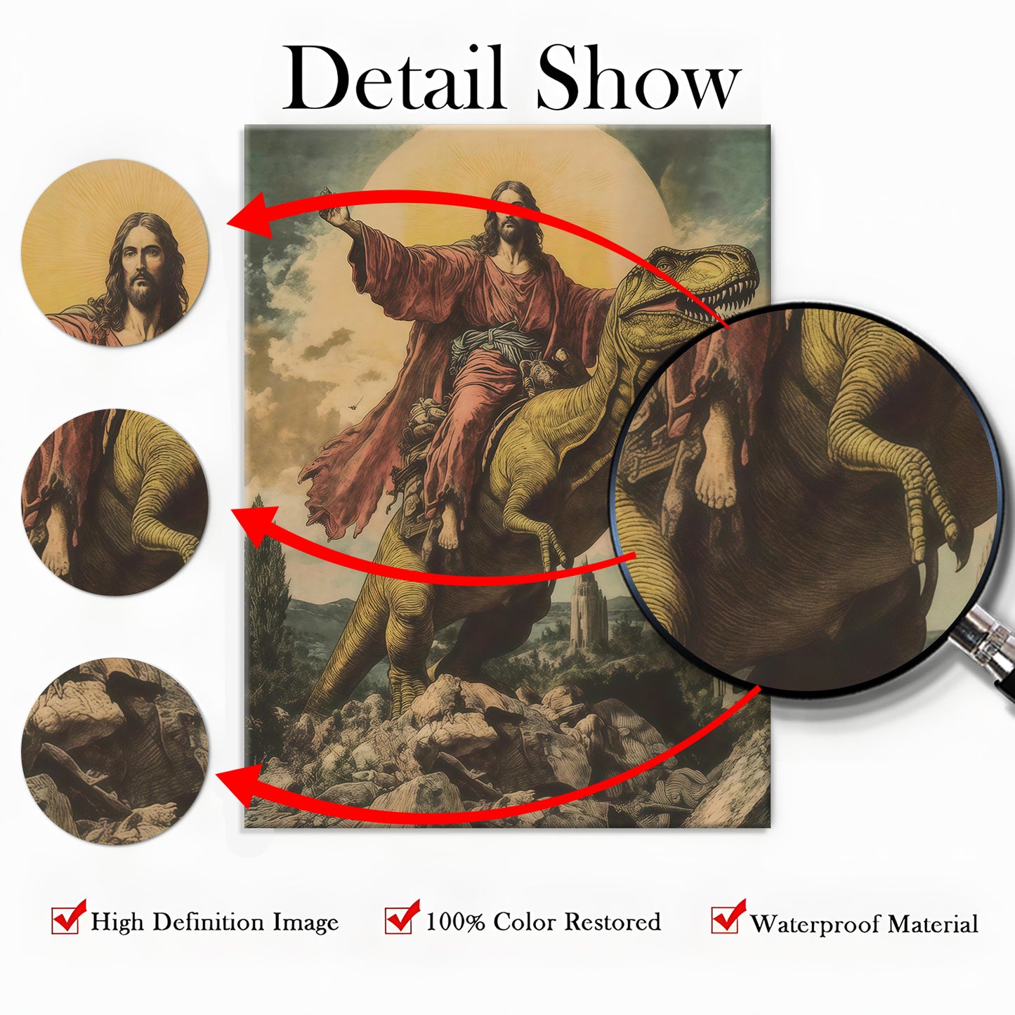 Epic Jesus Riding T-Rex & Shark Canvas Wall Art - Funny Parody Oil Painting Style Print (Ready to Hang)