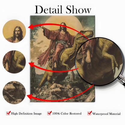 Epic Jesus Riding T-Rex & Shark Canvas Wall Art - Funny Parody Oil Painting Style Print (Ready to Hang)