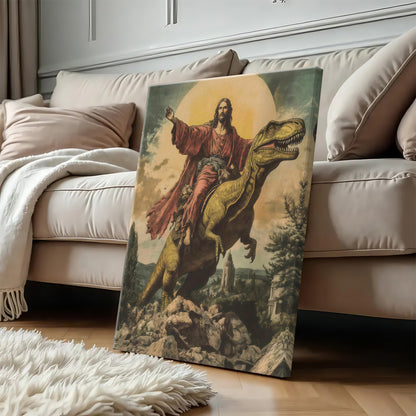Epic Jesus Riding T-Rex & Shark Canvas Wall Art - Funny Parody Oil Painting Style Print (Ready to Hang)