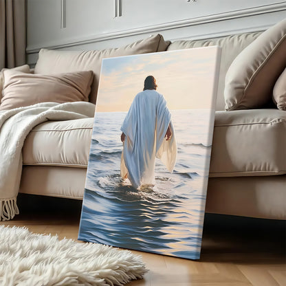 Modern Abstract Ocean Christian Wall Art - Blue Sea & Faith Canvas Print - Contemporary Bible Inspired Decor