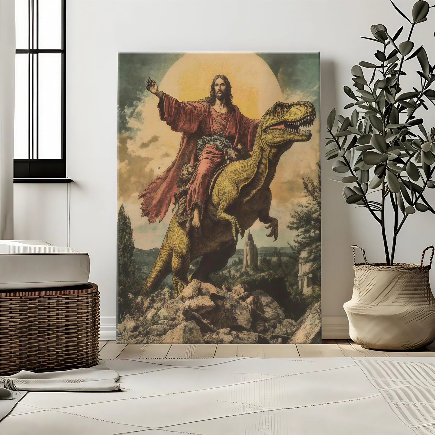Epic Jesus Riding T-Rex & Shark Canvas Wall Art - Funny Parody Oil Painting Style Print (Ready to Hang)