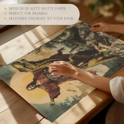 Epic Jesus Riding T-Rex & Shark Canvas Wall Art - Funny Parody Oil Painting Style Print (Ready to Hang)