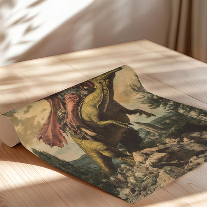 Epic Jesus Riding T-Rex & Shark Canvas Wall Art - Funny Parody Oil Painting Style Print (Ready to Hang)