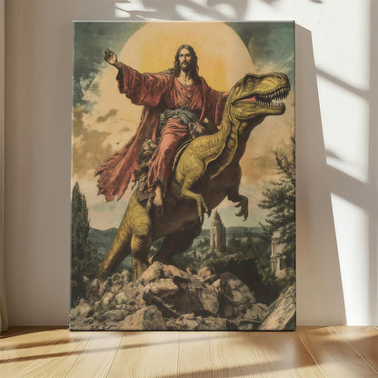 Epic Jesus Riding T-Rex & Shark Canvas Wall Art - Funny Parody Oil Painting Style Print (Ready to Hang)