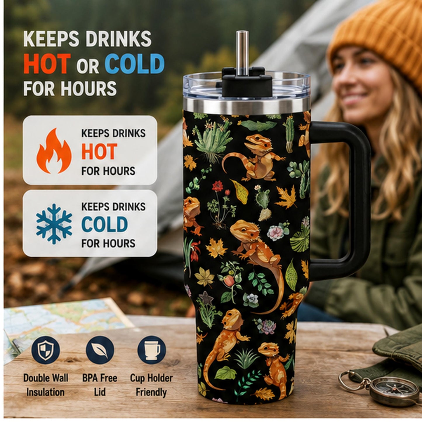 Cute Lizard 40oz Stainless Steel Insulated Tumbler with Handle and Straw, Funny Animal Plant Cactus Printed Travel Cup, Gift for Pet Lovers