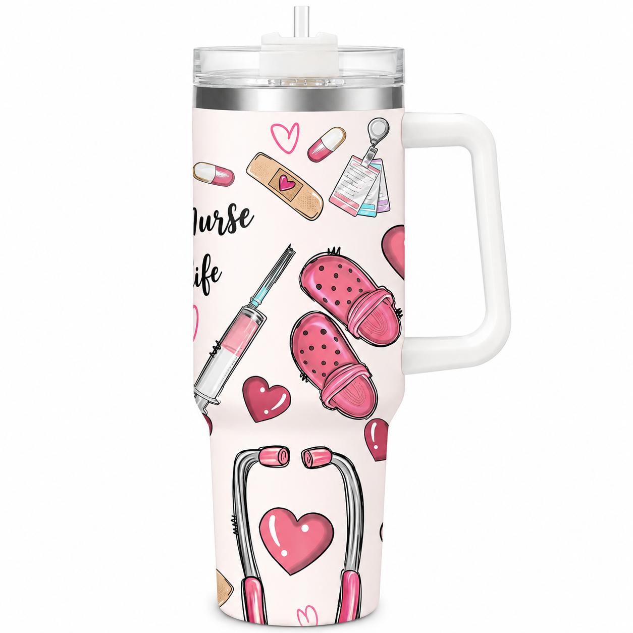 Hospital Shift 40oz Insulated Water Tumbler with Handle and Straw, Proverbs 31:13 Christian Nurse Stainless Steel Travel Cup, Cup Holder Friendly All-Day Hydration Cup for Work and Commute