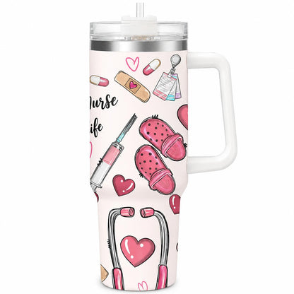 Hospital Shift 40oz Insulated Water Tumbler with Handle and Straw, Proverbs 31:13 Christian Nurse Stainless Steel Travel Cup, Cup Holder Friendly All-Day Hydration Cup for Work and Commute
