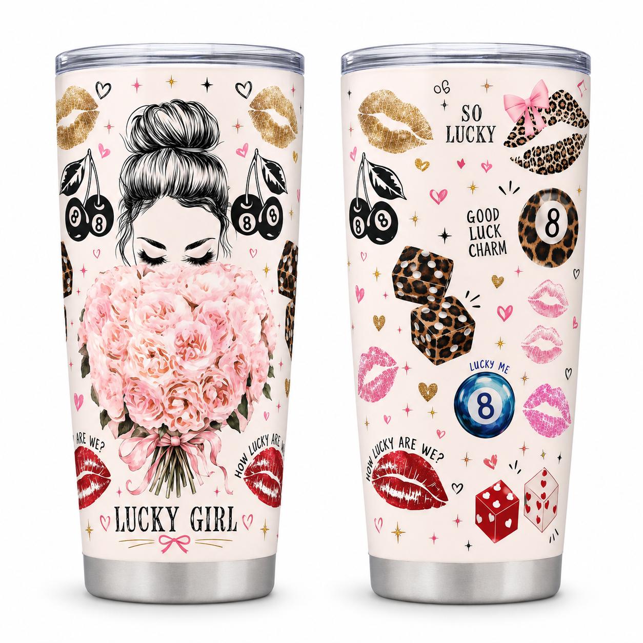 Stylish Portable Stainless Steel Insulated Tumbler Flasks (20oz, 40oz) with Lid, Pink Floral Leopard Lips & Lucky Charm Print, Travel Coffee Mug Gift for Women