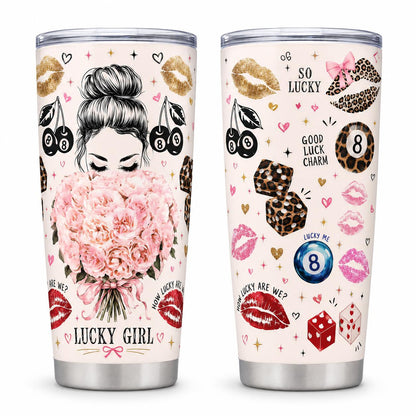Stylish Portable Stainless Steel Insulated Tumbler Flasks (20oz, 40oz) with Lid, Pink Floral Leopard Lips & Lucky Charm Print, Travel Coffee Mug Gift for Women