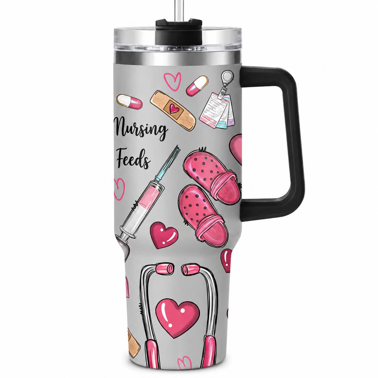 Hospital Shift 40oz Insulated Water Tumbler with Handle and Straw, Proverbs 31:13 Christian Nurse Stainless Steel Travel Cup, Cup Holder Friendly All-Day Hydration Cup for Work and Commute