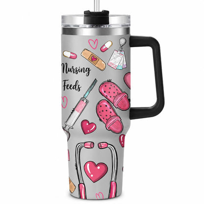 Hospital Shift 40oz Insulated Water Tumbler with Handle and Straw, Proverbs 31:13 Christian Nurse Stainless Steel Travel Cup, Cup Holder Friendly All-Day Hydration Cup for Work and Commute
