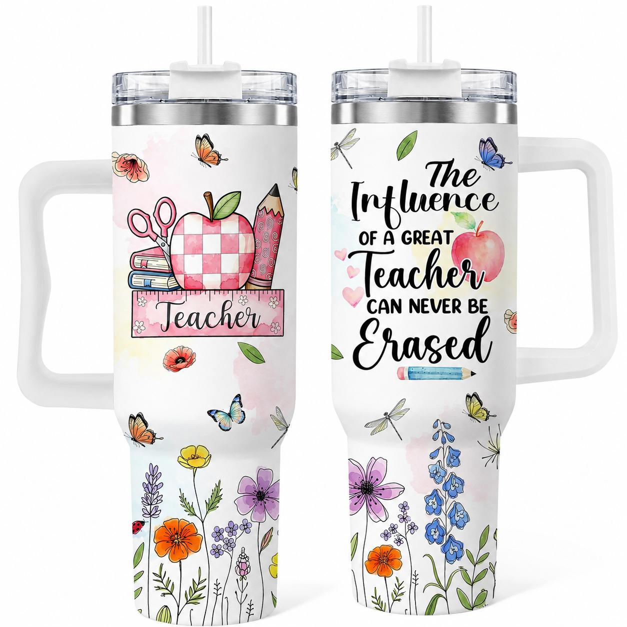 Teacher Appreciation 40oz Stainless Steel Insulated Tumbler with Handle and Straw, Apple Pencil Floral Butterfly Printed Travel Cup, Gift for Teachers