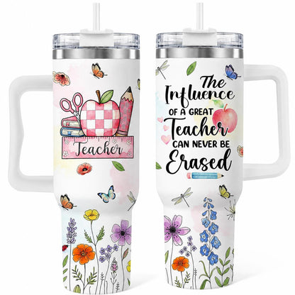 Teacher Appreciation 40oz Stainless Steel Insulated Tumbler with Handle and Straw, Apple Pencil Floral Butterfly Printed Travel Cup, Gift for Teachers
