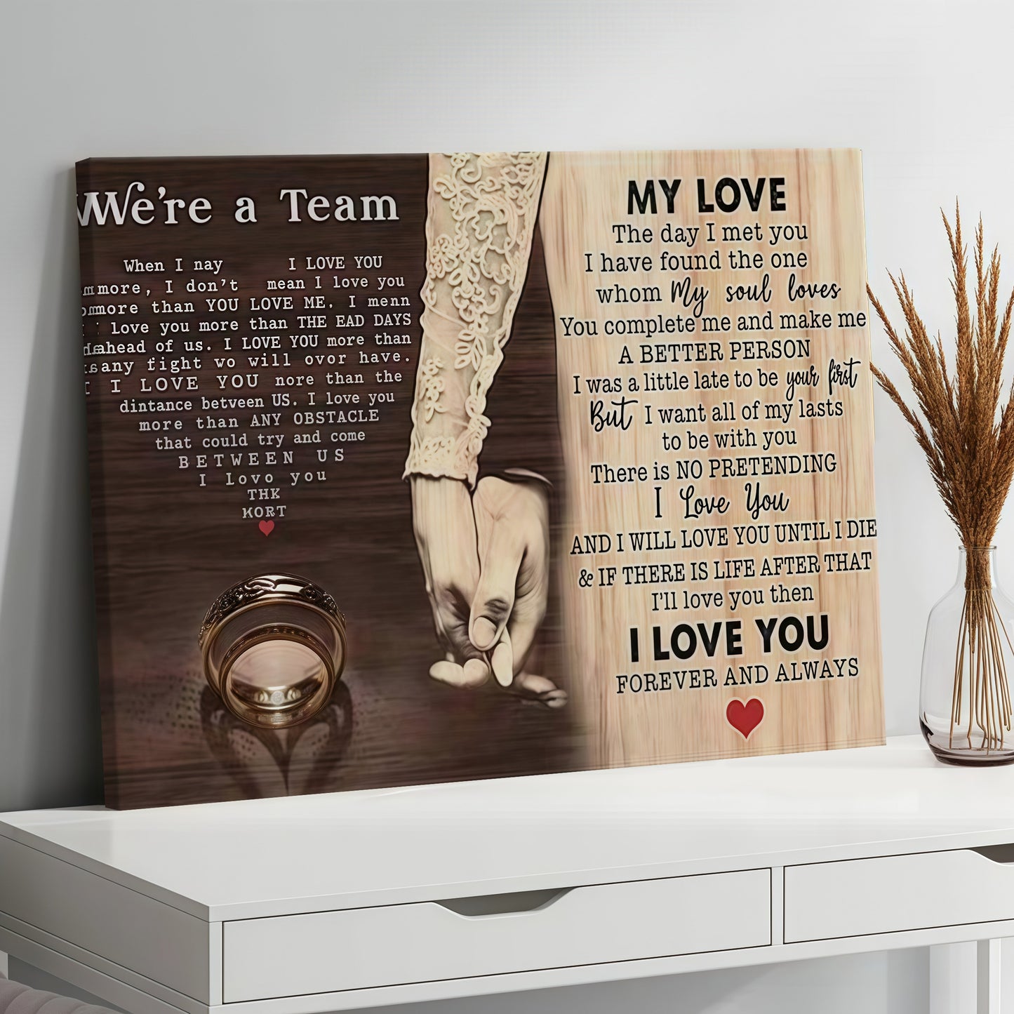 "We're a Team" Romantic Couple Canvas Wall Art - Anniversary Gift for Husband & Wife - Rustic Bedroom Decor (Ready to Hang)
