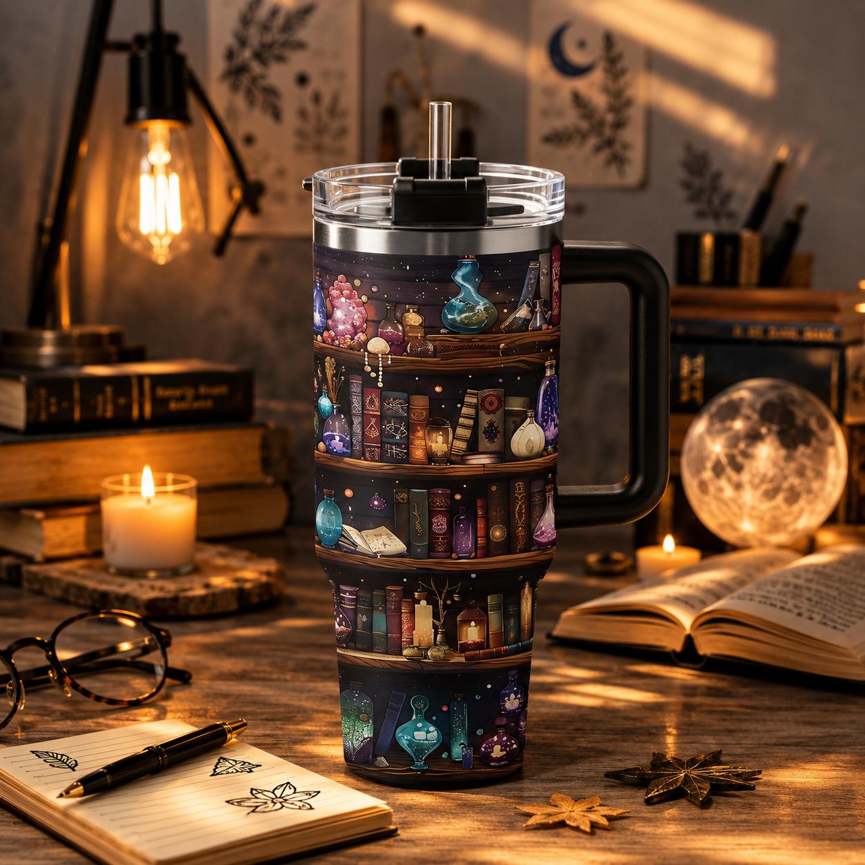 Magical Bookshelf 40oz Stainless Steel Insulated Tumbler with Handle and Straw, Witchy Potion Bottle Candle and Books Printed Travel Cup, Gift for Book Lovers