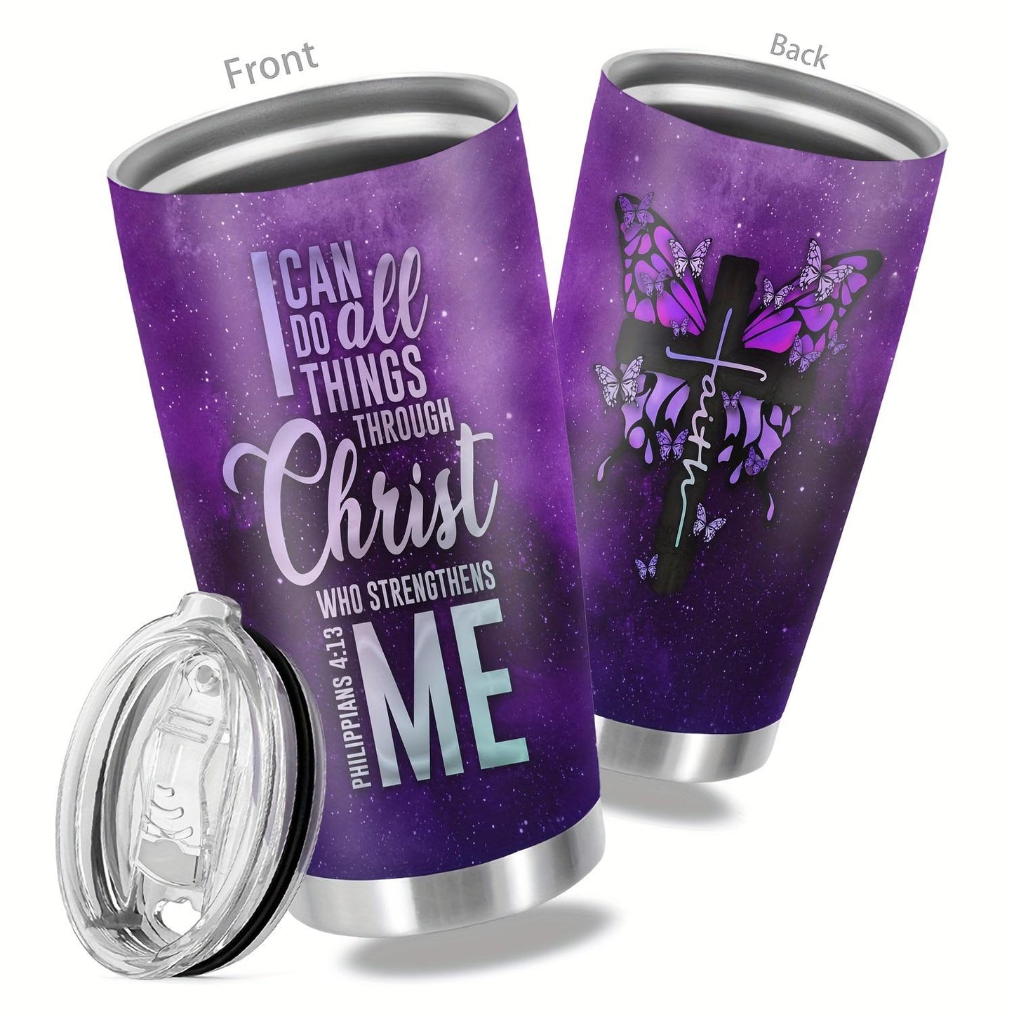 1pc 20oz Stainless Steel Tumbler |     Double Wall Vacuum  Travel Mug with Inspirational "I Can Do All Things Through Christ" Print - Durable Coffee Travel Mug, Inspirational Quote Mug
