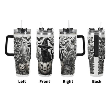 40oz Insulated Witchy Black Cat Stainless Steel Flask with Handle and Straw, Halloween Ghost-Pumpkin Floral Gothic Spooky Travel Coffee Mug, Flasks