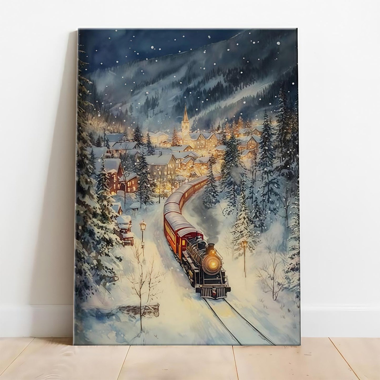 Snowy Village Holiday Train Poster