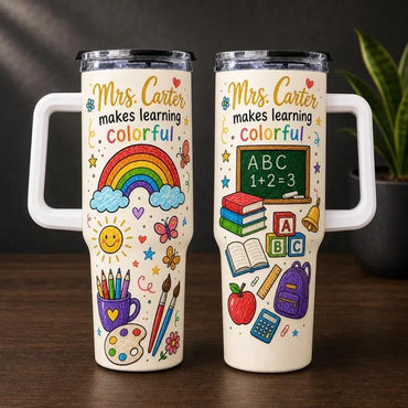 40oz Stainless Steel Insulated Flask with Handle, Straw, Lid and Rainbow Chalkboard Print - Aesthetic Coffee Drinkware, Teacher Appreciation Back to School Gift for Colorful Learning