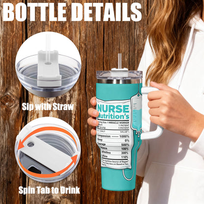 Nurses Week Gift 40oz Insulated Stainless Steel Tumbler with Handle and Straw, Nurse Nutrition Facts Water Tumbler, Graduation Gift for New Nurses and Nursing Students, Hospital Shift Essential Travel Cup