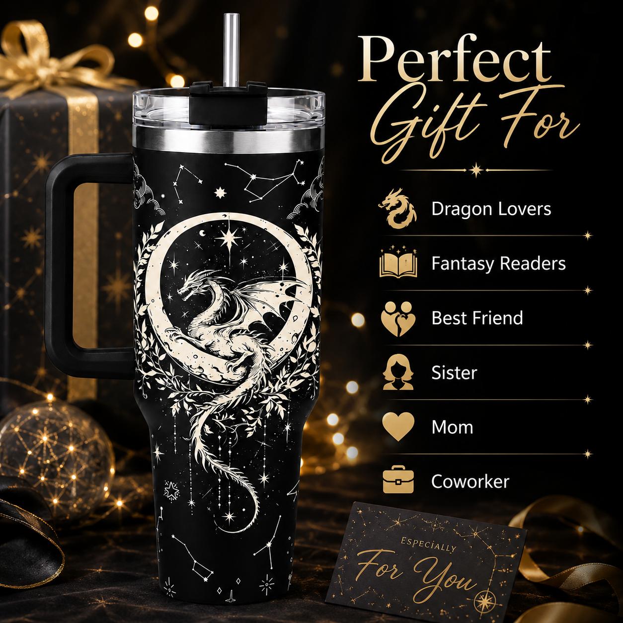 Fantasy Dragon 40oz Stainless Steel Insulated Tumbler with Handle and Straw, Black White Moon Star Celestial 2D Printed Travel Cup,Fantasy Gift for Women and Men