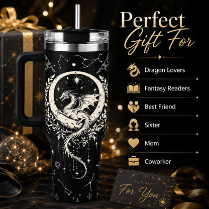 Fantasy Dragon 40oz Stainless Steel Insulated Tumbler with Handle and Straw, Black White Moon Star Celestial 2D Printed Travel Cup,Fantasy Gift for Women and Men